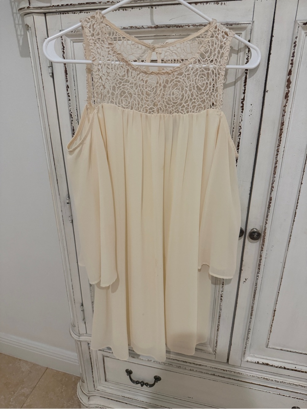 Cream Lace Yoke Cold-Shoulder Dress